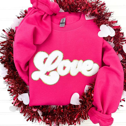 Chenille Patch Love Sweatshirt on Pink